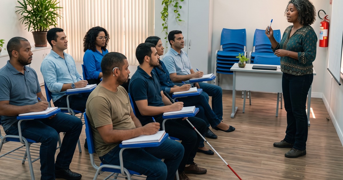 Turma de adultos sentados em carteiras acompanha a explicação de uma instrutora em sala de aula. Um dos participantes usa bengala branca e outro usa aparelho auditivo.