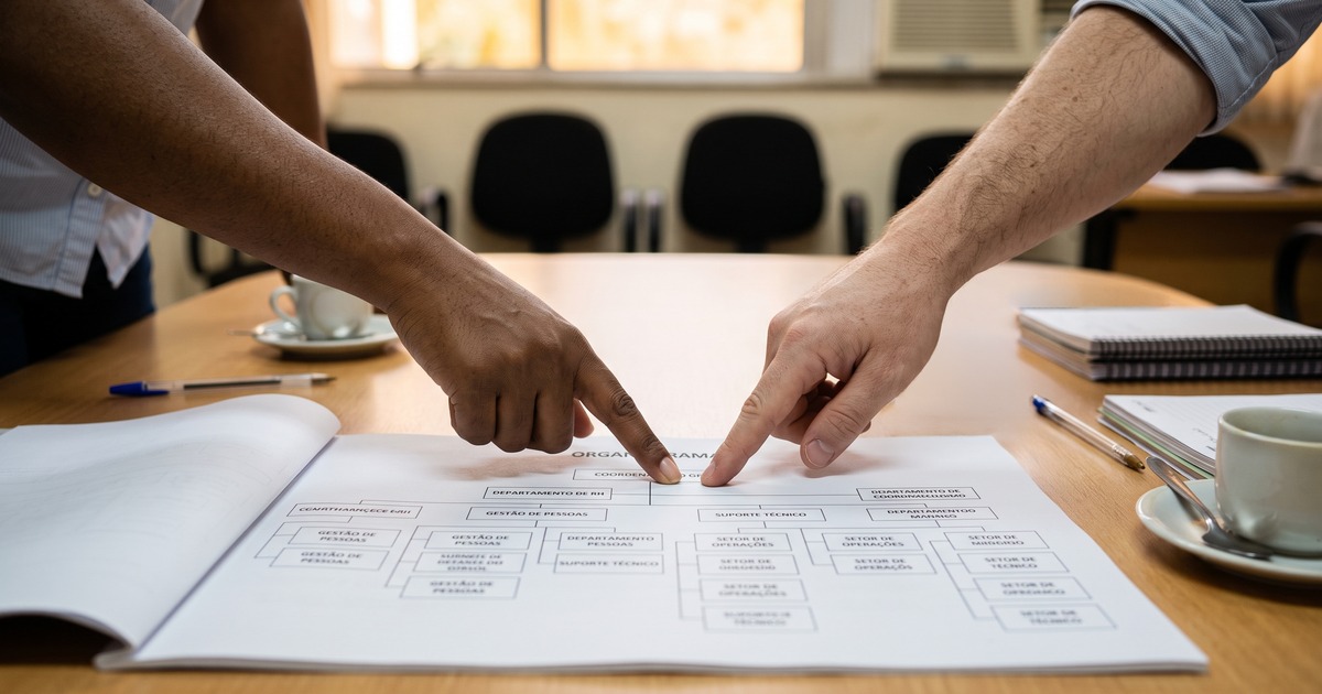 Duas pessoas apontam para um organograma impresso sobre uma mesa de reunião.