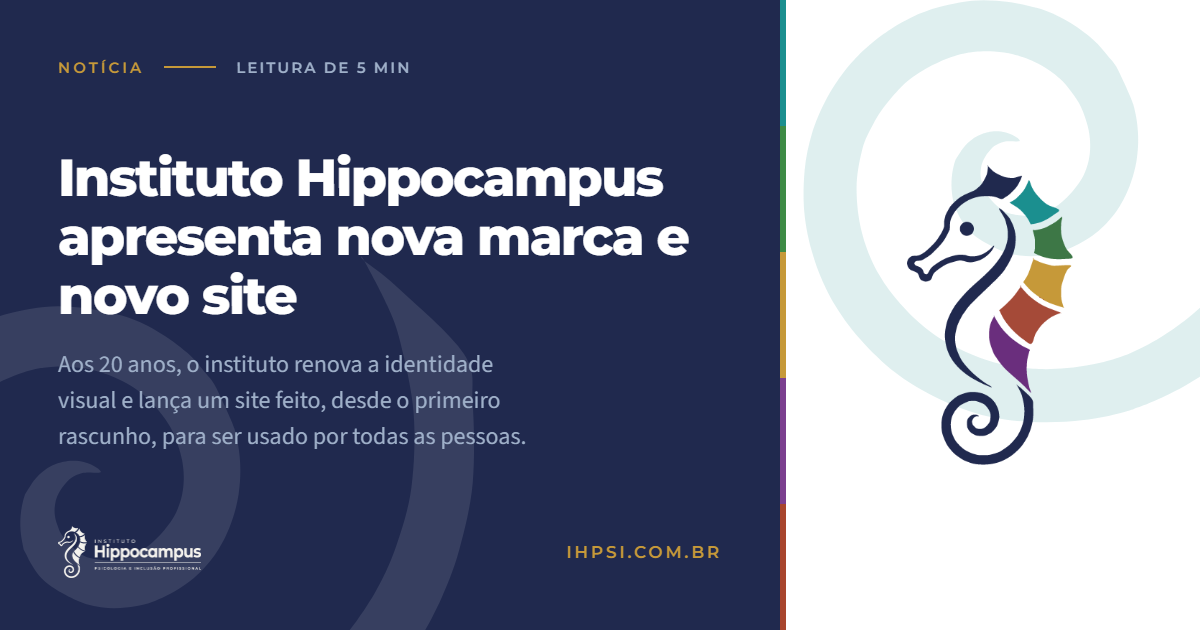 Arte em azul-profundo com o cavalo-marinho colorido da nova marca do Instituto Hippocampus e o título "Instituto Hippocampus apresenta nova marca e novo site".